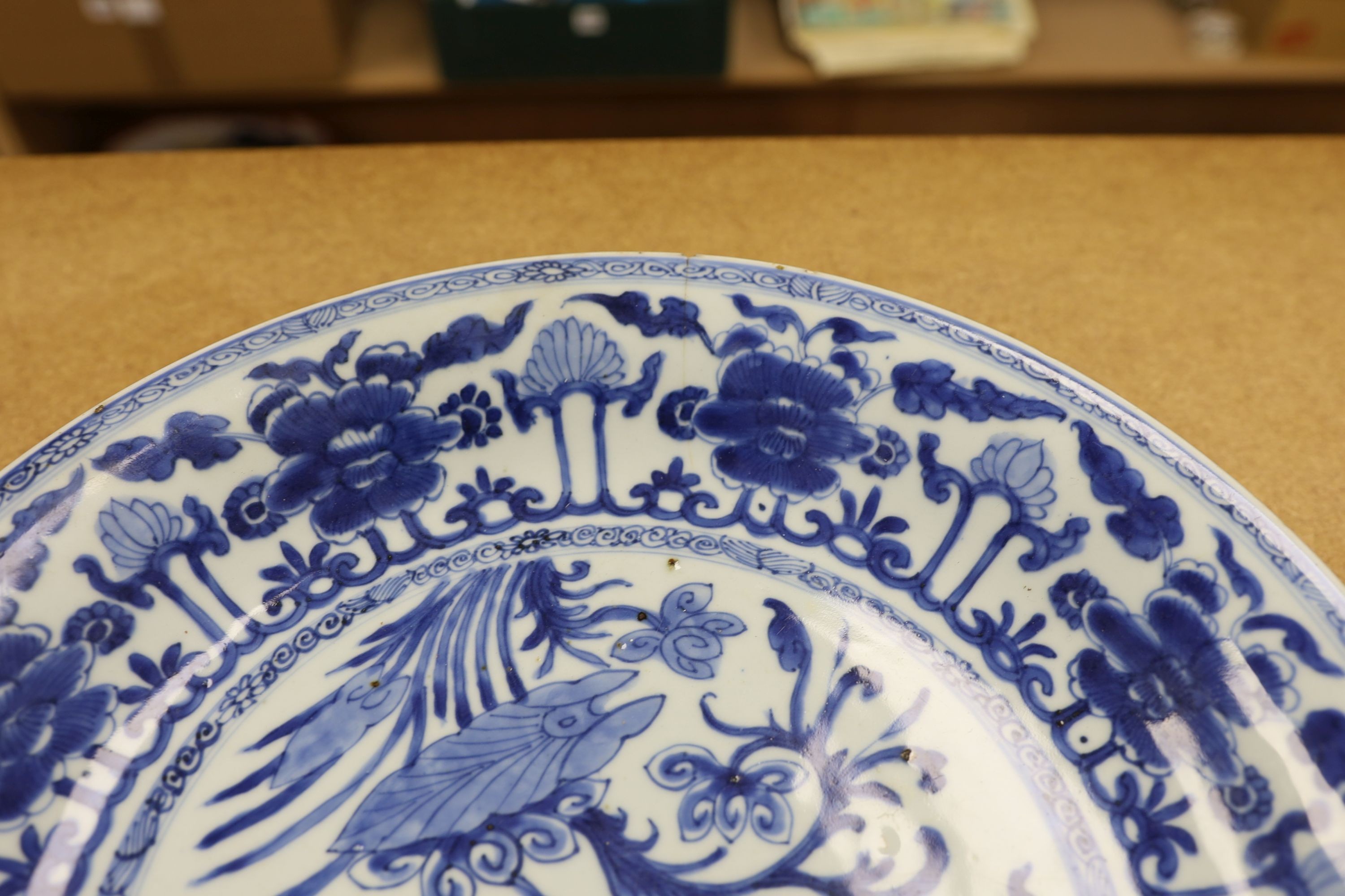 A Chinese blue and white ‘lotus’ dish, Kangxi period, 35cm